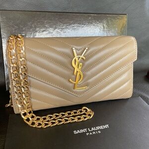 Auth. Saint Laurent Tan Quilted Leather Crossbody Wallet with Gold Chain